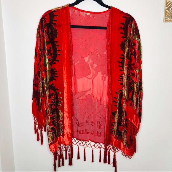 Vintage Red Silk Velvet Kimono One Size s-xl